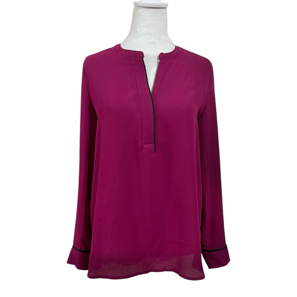 APT. 9 Magenta Zip Front Blouse Size Small Black Trim Sheer Hem NWOT